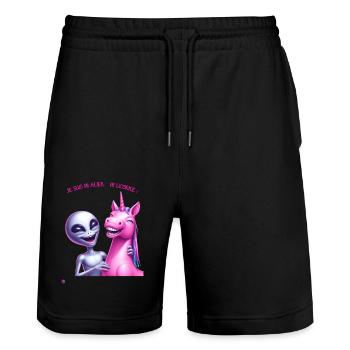 Alien et licorne - Short de jogging bio TRAINER Stanley/Stella unisexe - noir - Devant - Nik (191cm) & Marisol (170cm)