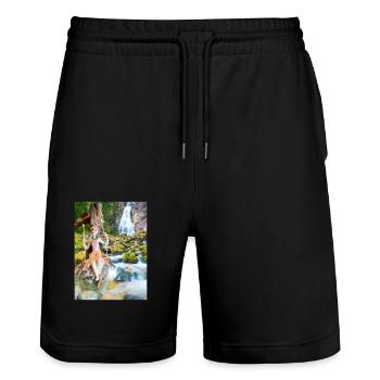 Jeune fille sur balancelle avec cascade d’eau - Short de jogging bio TRAINER Stanley/Stella unisexe - noir - Devant - Nik (191cm) & Marisol (170cm)