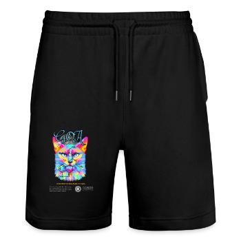Goa Cat : T-shirt d’aventure LSD - Short de jogging bio TRAINER Stanley/Stella unisexe - noir - Devant - Nik (191cm) & Marisol (170cm)