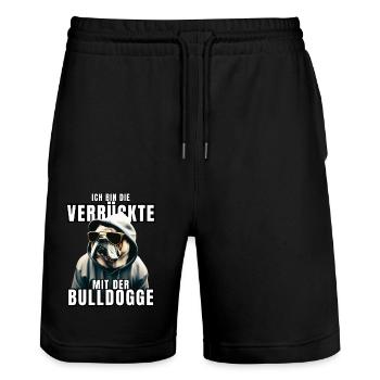 I'm the CRAZY one with the bulldog dog DOGS - Stanley/Stella Trainer Unisex Organic Jogging Shorts - black - Front - Nik (191cm) & Marisol (170cm)