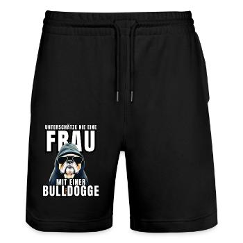 NEVER underestimate a woman with a bulldog dog dog - Stanley/Stella Trainer Unisex Organic Jogging Shorts - black - Front - Nik (191cm) & Marisol (170cm)