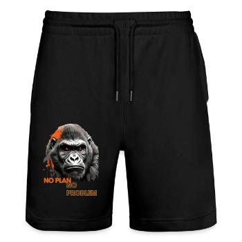 Affen , Affensprichwort: - Kein Plan kein Problem - Stanley/Stella Unisex Bio Joggingshorts Trainer  - Schwarz - Vorne - Nik (191cm) & Marisol (170cm)