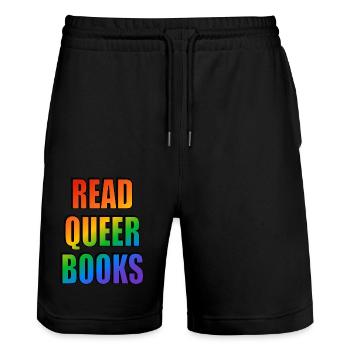 Read Queer Books - Stanley/Stella Trainer Unisex Organic Jogging Shorts - black - Front - Nik (191cm) & Marisol (170cm)
