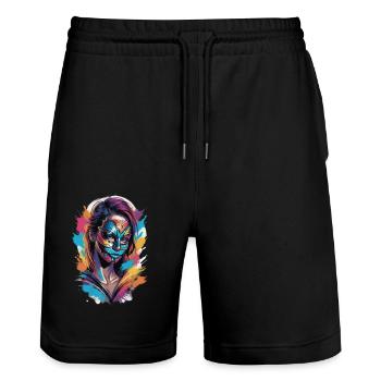 Voilée de couleurs en couleur : la personne qui porte le masque - Short de jogging bio TRAINER Stanley/Stella unisexe - noir - Devant - Nik (191cm) & Marisol (170cm)