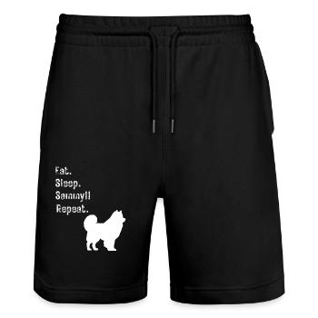 Lustig Essen Schlaf Sammy (Samojede) Wiederholen - Stanley/Stella Unisex Bio Joggingshorts Trainer  - Schwarz - Vorne - Nik (191cm) & Marisol (170cm)