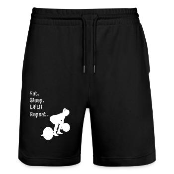 Damen Langhantel - Essen. Schlafen. Heben!! Wiederholen. - Stanley/Stella Unisex Bio Joggingshorts Trainer  - Schwarz - Vorne - Nik (191cm) & Marisol (170cm)