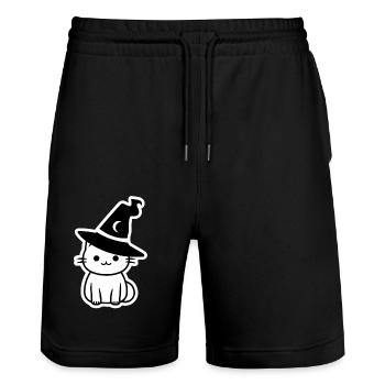 Chat sorcière d'halloween noir et blanc - Short de jogging bio TRAINER Stanley/Stella unisexe - noir - Devant - Nik (191cm) & Marisol (170cm)