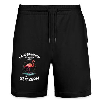 Läuferinnen schwitzen nicht sie glitzern Flamingo - Stanley/Stella Unisex Bio Joggingshorts Trainer  - Schwarz - Vorne - Nik (191cm) & Marisol (170cm)