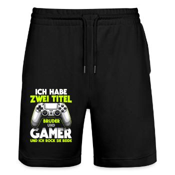 Zocker-Bruder: Junge Gamer Leben - Stanley/Stella Unisex Bio Joggingshorts Trainer  - Schwarz - Vorne - Nik (191cm) & Marisol (170cm)