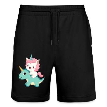 Kawaii Unicorn Riding Dino – Cute Fantasy Animal - Stanley/Stella Trainer Unisex Organic Jogging Shorts - black - Front - Nik (191cm) & Marisol (170cm)