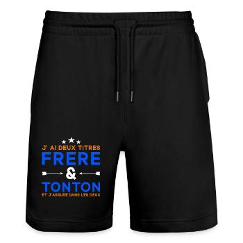 J'ai Deux Titres Frère et Tonton Cadeau - Short de jogging bio TRAINER Stanley/Stella unisexe - noir - Devant - Nik (191cm) & Marisol (170cm)