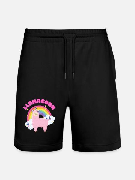 Whimsical Pink Llama with Rainbow - Stanley/Stella Trainer Unisex Organic Jogging Shorts - black