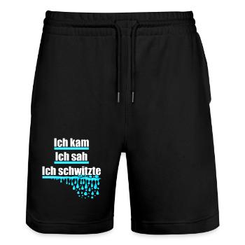 Ich kam, sah und schwitzte, Hitze, Schweiß, heiß - Stanley/Stella Unisex Bio Joggingshorts Trainer  - Schwarz - Vorne - Nik (191cm) & Marisol (170cm)