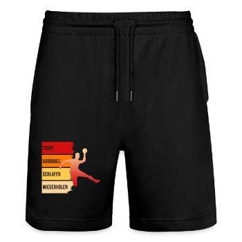 Essen, Handball, Schlafen, Wiederholen - Stanley/Stella Unisex Bio Joggingshorts Trainer  - Schwarz - Vorne - Nik (191cm) & Marisol (170cm)