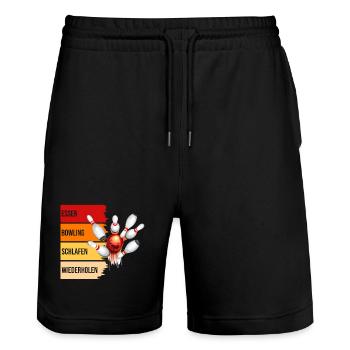 Essen - Bowling - Schlafen - Wiederholen - Stanley/Stella Unisex Bio Joggingshorts Trainer  - Schwarz - Vorne - Nik (191cm) & Marisol (170cm)