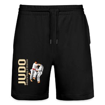 Die Weisheit der Bewegung die Stärke des Geistes - Stanley/Stella Unisex Bio Joggingshorts Trainer  - Schwarz - Vorne - Nik (191cm) & Marisol (170cm)