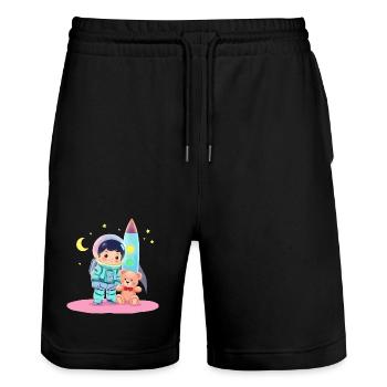 Astronaut with teddy bear - Stanley/Stella Trainer Unisex Organic Jogging Shorts - black - Front - Nik (191cm) & Marisol (170cm)