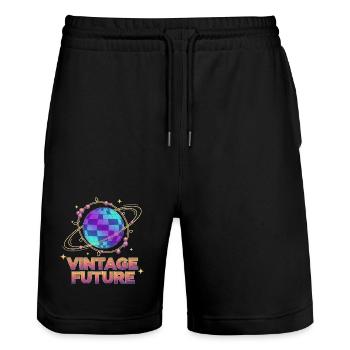 Retro-Futurist Vintage Future Pixel Planet - Stanley/Stella Trainer Unisex Organic Jogging Shorts - black - Front - Nik (191cm) & Marisol (170cm)