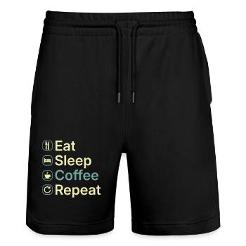 Essen Schlaf Kaffee Wiederholen Lustiges Kaffee-Liebhaber-Geschenk - Stanley/Stella Unisex Bio Joggingshorts Trainer  - Schwarz - Vorne - Nik (191cm) & Marisol (170cm)