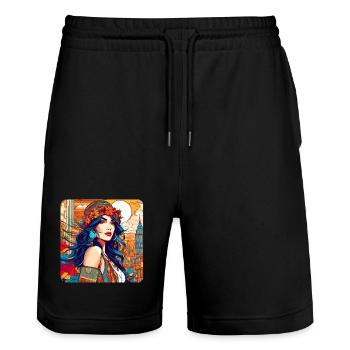 Flowerpower Girl in Bohemian Style - Stanley/Stella Trainer Unisex Organic Jogging Shorts - black - Front - Nik (191cm) & Marisol (170cm)