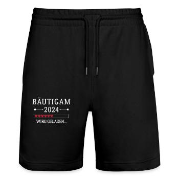 Bräutigam 2024 Verlobung Bräutigam zu sein - Stanley/Stella Unisex Bio Joggingshorts Trainer  - Schwarz - Vorne - Nik (191cm) & Marisol (170cm)