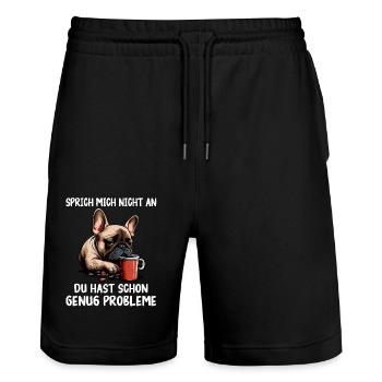 Französische Bulldogge Frenchie Hund - Stanley/Stella Unisex Bio Joggingshorts Trainer  - Schwarz - Vorne - Nik (191cm) & Marisol (170cm)