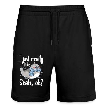 Robbe Robben Tier Seelöwe - Stanley/Stella Unisex Bio Joggingshorts Trainer  - Schwarz - Vorne - Nik (191cm) & Marisol (170cm)