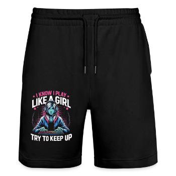 Gamer Gaming Videospiele Konsole Controller - Stanley/Stella Unisex Bio Joggingshorts Trainer  - Schwarz - Vorne - Nik (191cm) & Marisol (170cm)