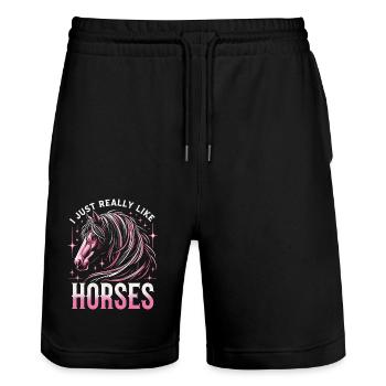 Pferd Pferde Reiten Pferdereiten Sprungreiten - Stanley/Stella Unisex Bio Joggingshorts Trainer  - Schwarz - Vorne - Nik (191cm) & Marisol (170cm)
