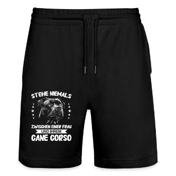 Hunde Cane Corso Italiano Hund - Stanley/Stella Unisex Bio Joggingshorts Trainer  - Schwarz - Vorne - Nik (191cm) & Marisol (170cm)