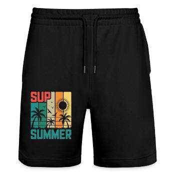 SUP summer - Palm Trees & Beach - Stanley/Stella Trainer Unisex Organic Jogging Shorts - black - Front - Nik (191cm) & Marisol (170cm)