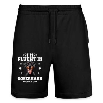 Parler Le Dobermann Humour Chien Dobermann - Short de jogging bio TRAINER Stanley/Stella unisexe - noir - Devant - Nik (191cm) & Marisol (170cm)