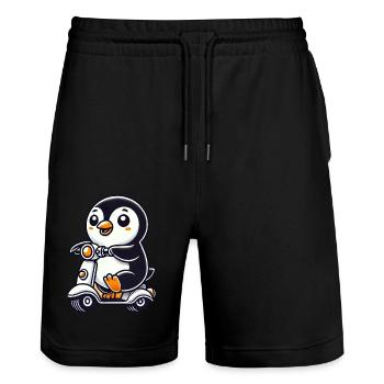 Fantaisiste pingouin scooter mobylette drôle drôle - Short de jogging bio TRAINER Stanley/Stella unisexe - noir - Devant - Nik (191cm) & Marisol (170cm)