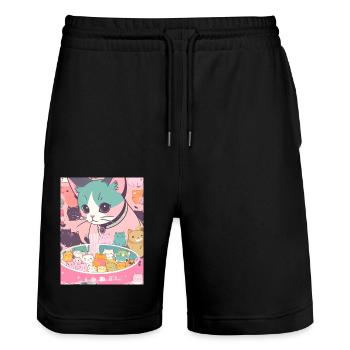 Katze ,Japan ,Kawaii,anime,ramen,katzen - Stanley/Stella Unisex Bio Joggingshorts Trainer  - Schwarz - Vorne - Nik (191cm) & Marisol (170cm)