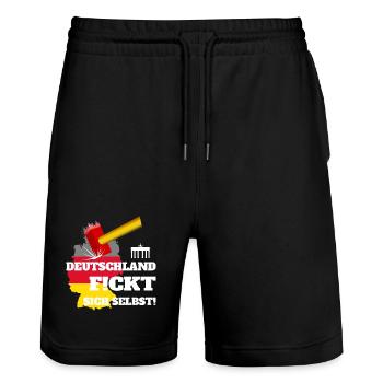Deutschland F!ckt sich selbst ! - Stanley/Stella Unisex Bio Joggingshorts Trainer  - Schwarz - Vorne - Nik (191cm) & Marisol (170cm)