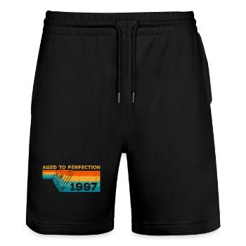 Jahrgang 1997 - 1997 Retro Geburtstagsgeschenk - Stanley/Stella Unisex Bio Joggingshorts Trainer  - Schwarz - Vorne - Nik (191cm) & Marisol (170cm)