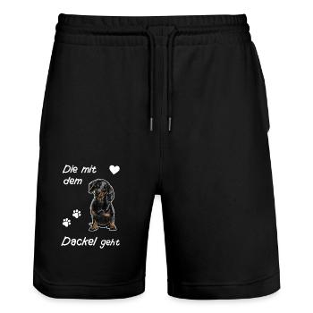 Dackeldesign, die mit dem Dackel geht Realstyle - Stanley/Stella Unisex Bio Joggingshorts Trainer  - Schwarz - Vorne - Nik (191cm) & Marisol (170cm)