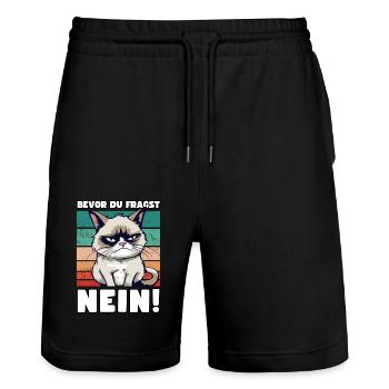 Grump Cat - Before You Ask No! Cynical saying - Stanley/Stella Trainer Unisex Organic Jogging Shorts - black - Front - Nik (191cm) & Marisol (170cm)