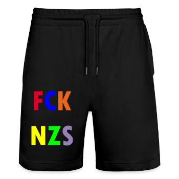 FCK NZS - Stanley/Stella Trainer Unisex Organic Jogging Shorts - black - Front - Nik (191cm) & Marisol (170cm)