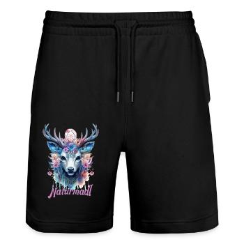 Hirsch Naturmadl Krafttier Dorffest Tracht - Stanley/Stella Unisex Bio Joggingshorts Trainer  - Schwarz - Vorne - Nik (191cm) & Marisol (170cm)