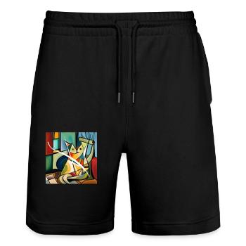 Cat image on t-shirt (in abstract) - Stanley/Stella Trainer Unisex Organic Jogging Shorts - black - Front - Nik (191cm) & Marisol (170cm)