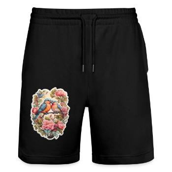 Two lovebirds sit on a heart-shaped ace - Stanley/Stella Trainer Unisex Organic Jogging Shorts - black - Front - Nik (191cm) & Marisol (170cm)