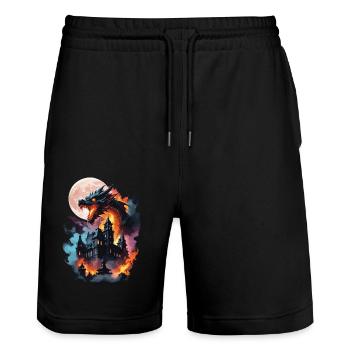DRAGON MIDNIGHT BLAZE: STADT IN FLAMMEN, MONDCHAOS - Stanley/Stella Unisex Bio Joggingshorts Trainer  - Schwarz - Vorne - Nik (191cm) & Marisol (170cm)