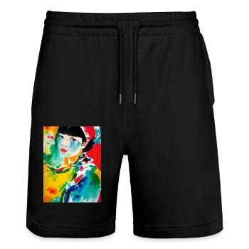 Bunte abstrakte Kunst Japanische Frau Colorful - Stanley/Stella Unisex Bio Joggingshorts Trainer  - Schwarz - Vorne - Nik (191cm) & Marisol (170cm)