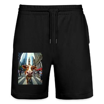 Funny Cow Selfie on a City Street - Stanley/Stella Trainer Unisex Organic Jogging Shorts - black - Front - Nik (191cm) & Marisol (170cm)