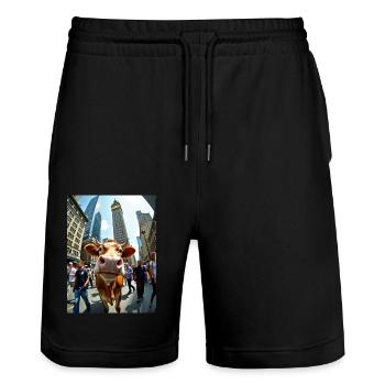 Lustige Kuh Selfie in einer belebten Stadt - Stanley/Stella Unisex Bio Joggingshorts Trainer  - Schwarz - Vorne - Nik (191cm) & Marisol (170cm)