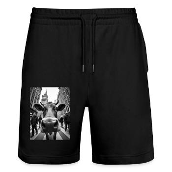 Lustige Kuh Selfie in einer belebten Stadt - Stanley/Stella Unisex Bio Joggingshorts Trainer  - Schwarz - Vorne - Nik (191cm) & Marisol (170cm)