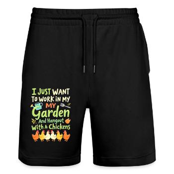 t shirt garten hühner - Stanley/Stella Unisex Bio Joggingshorts Trainer  - Schwarz - Vorne - Nik (191cm) & Marisol (170cm)