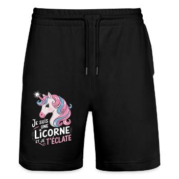 Je suis une licorne et je t'éclate - Short de jogging bio TRAINER Stanley/Stella unisexe - noir - Devant - Nik (191cm) & Marisol (170cm)