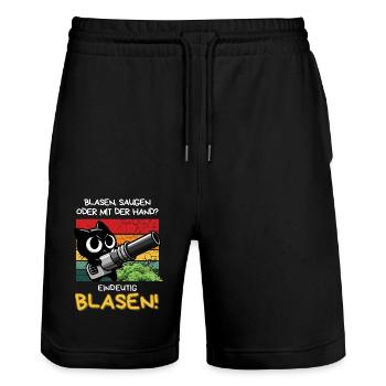 Blasen? Eindeutig! – Lustige Katze mit Laubbläser - Stanley/Stella Unisex Bio Joggingshorts Trainer  - Schwarz - Vorne - Nik (191cm) & Marisol (170cm)